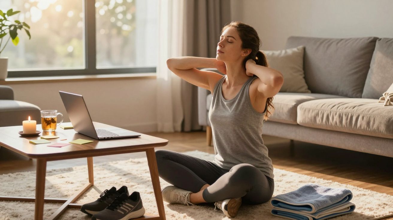 Mulher meditando no chão de uma sala, ao lado de um portátil, vela acesa e chá.