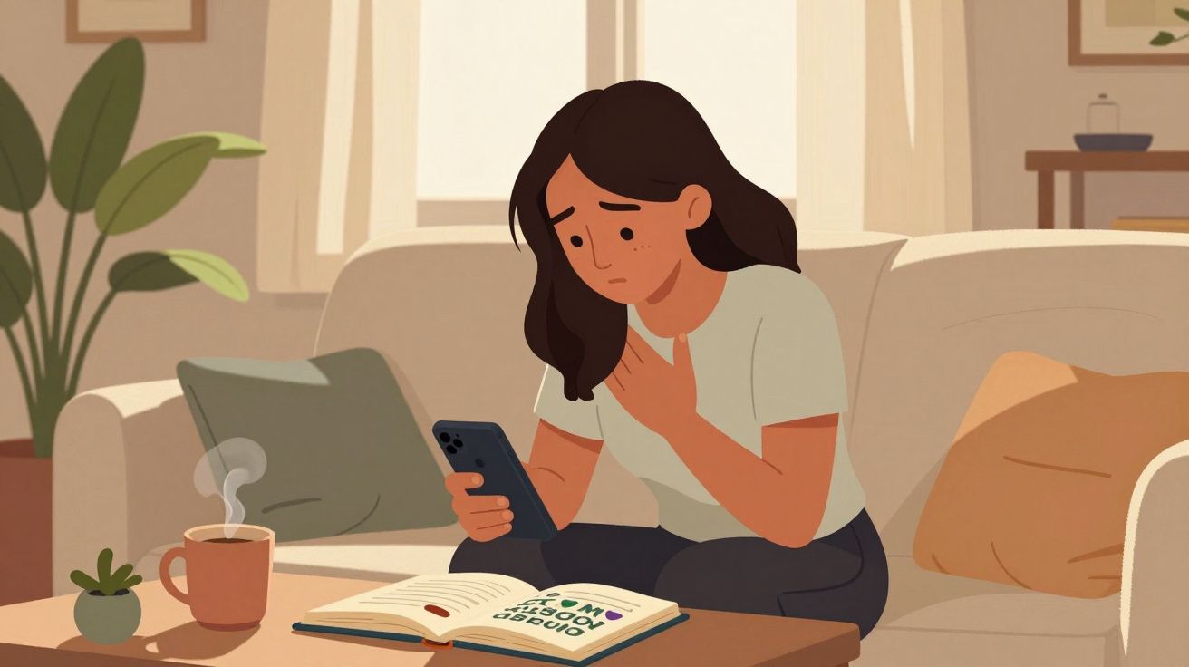 Mulher sentada no sofá com expressão preocupada, segurando um telemóvel e uma mão no peito, ao lado de um livro aberto e chá.