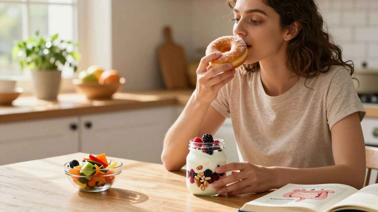 Mulher come donut na cozinha com iogurte e salada de frutas na mesa.