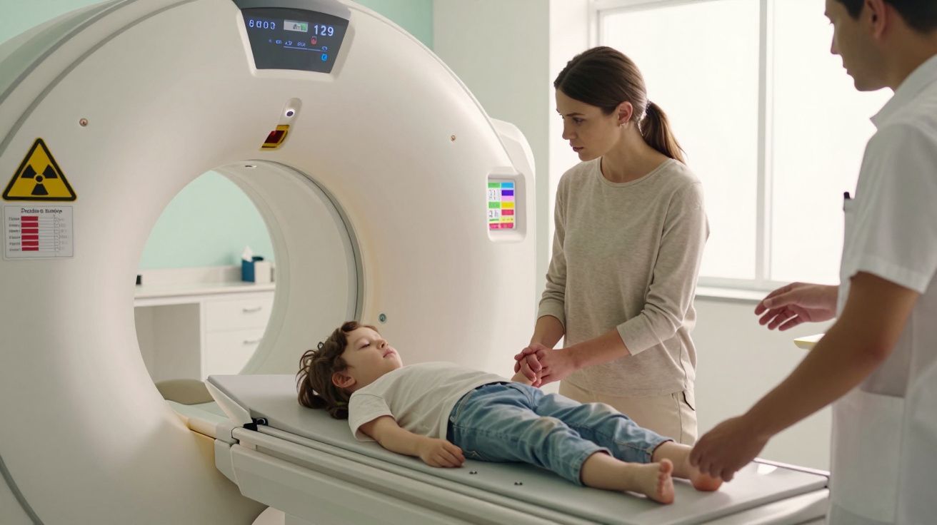 Criança deitada numa maca de tomografia, com mulher ao lado, e técnico ao fundo numa sala médica.