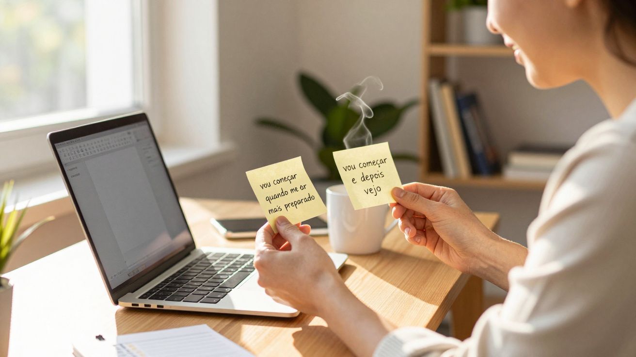 Mulher segurando notas adesivas ao lado de portátil com janela de texto aberta, planta e chávena de café.