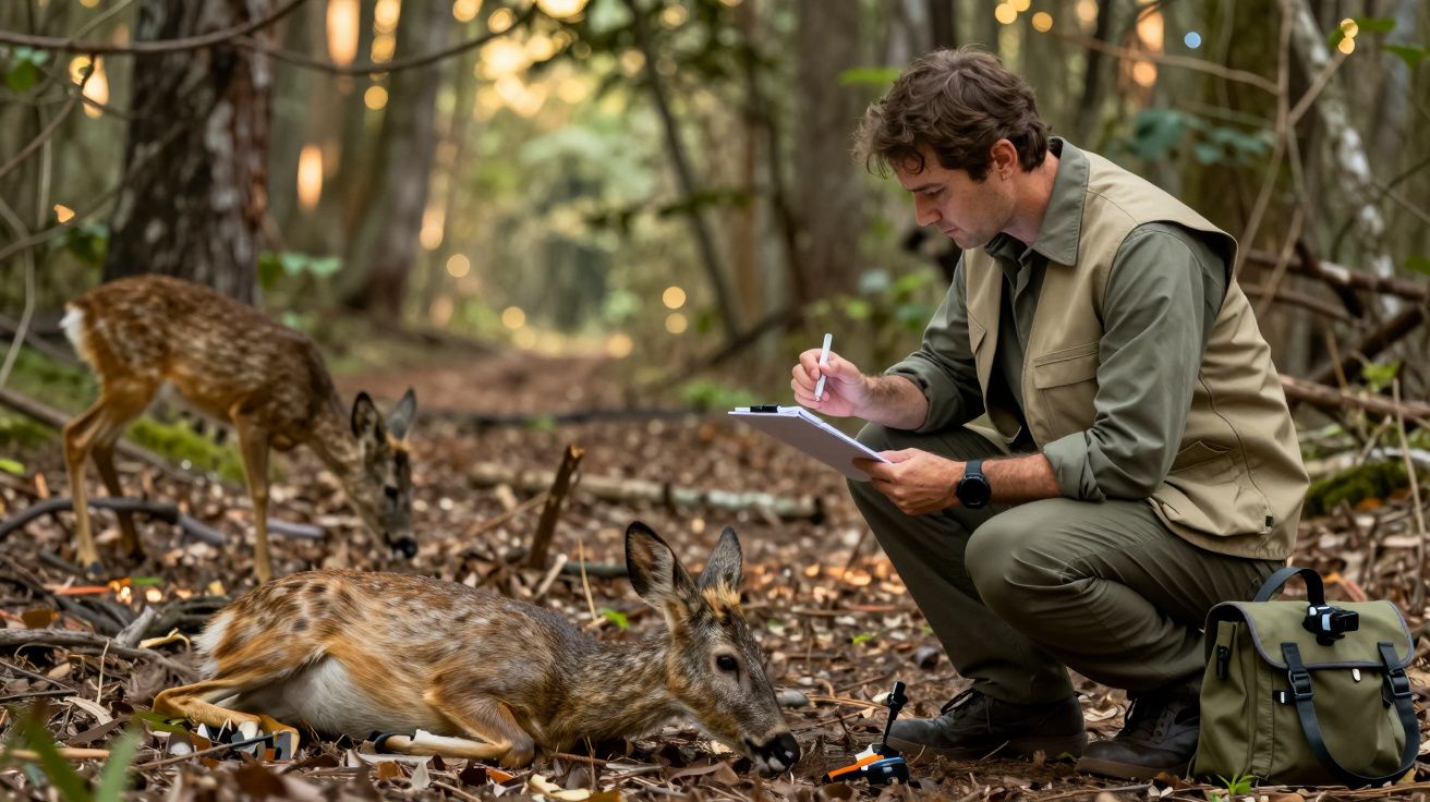 Cientista observa cervos na floresta, tomando notas em prancheta. Cervos em primeiro plano, floresta ao fundo.