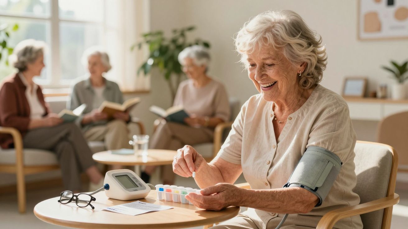 Idosa sorridente, sentada, segura comprimido com medidor de pressão e caixa de medicamentos. Grupo de amigas ao fundo.