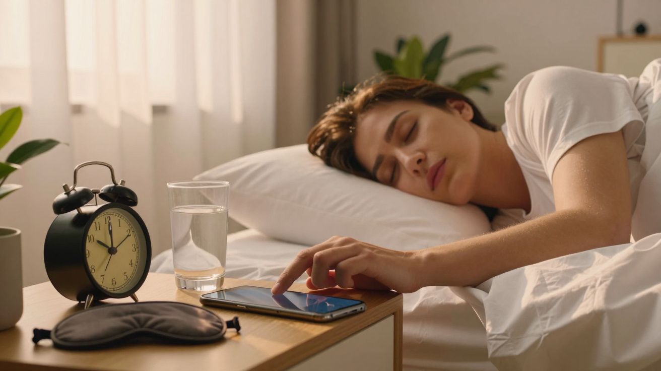 Mulher a dormir numa cama, com um despertador, máscara de dormir e copo de água na mesa de cabeceira.