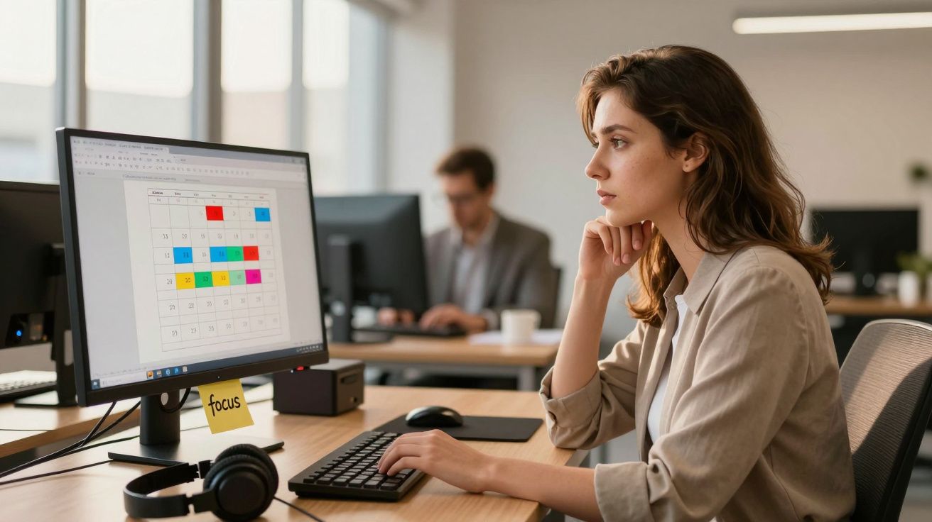 Mulher concentrada a trabalhar num computador com calendário na tela, num escritório moderno e bem iluminado.
