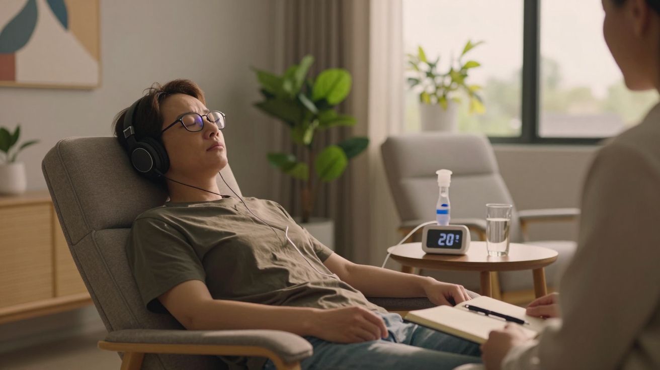 Homem sentado numa cadeira confortável, de olhos fechados, usando auscultadores e um terapeuta a tomar notas ao lado.