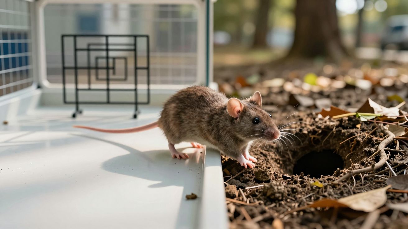 Rato castanho em pé à entrada de uma toca, ao lado de uma armadilha aberta, com folhas no chão.