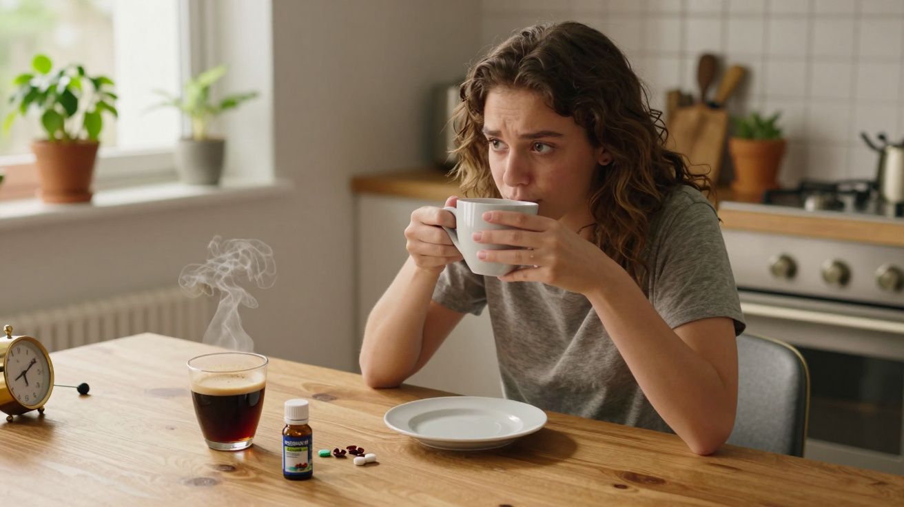 Mulher com cabelo encaracolado segura chá numa cozinha, com comprimidos e café na mesa.