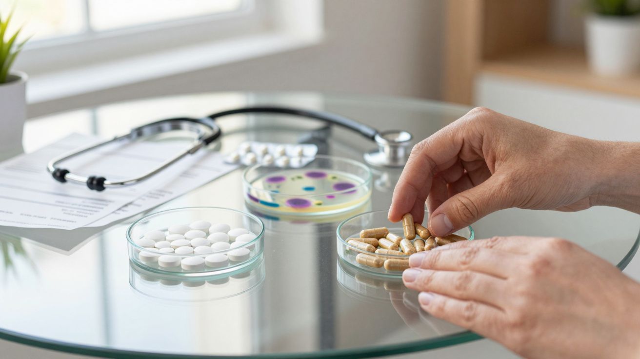 Mão escolhendo cápsulas entre comprimidos, numa mesa com estetoscópio e papéis.