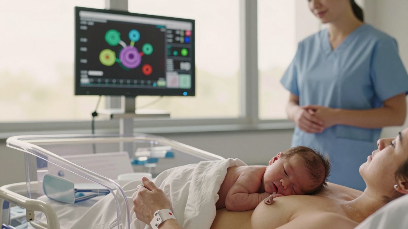 Mulher deitada numa cama de hospital com um bebé ao peito; enfermeira ao fundo e monitor médico visível.