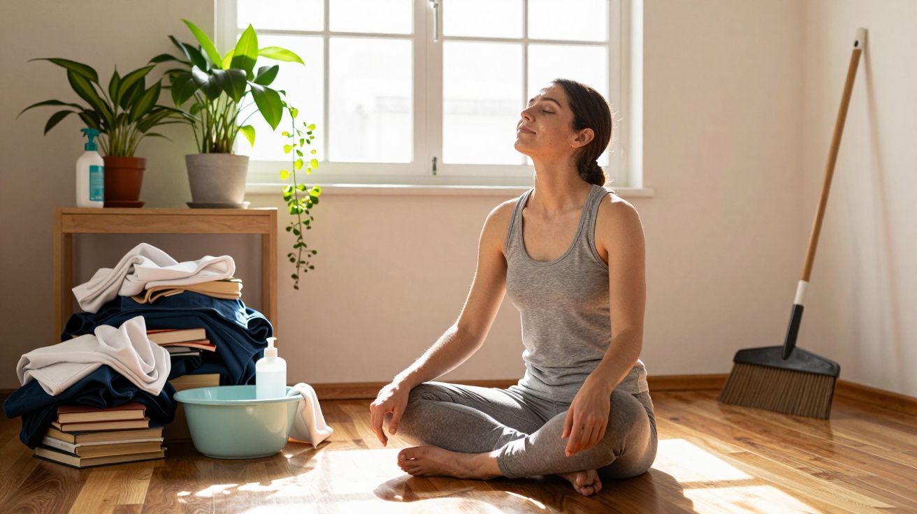 Mulher sentada no chão em posição de meditação, rodeada de plantas, livros e produtos de limpeza, com luz solar ao fundo.