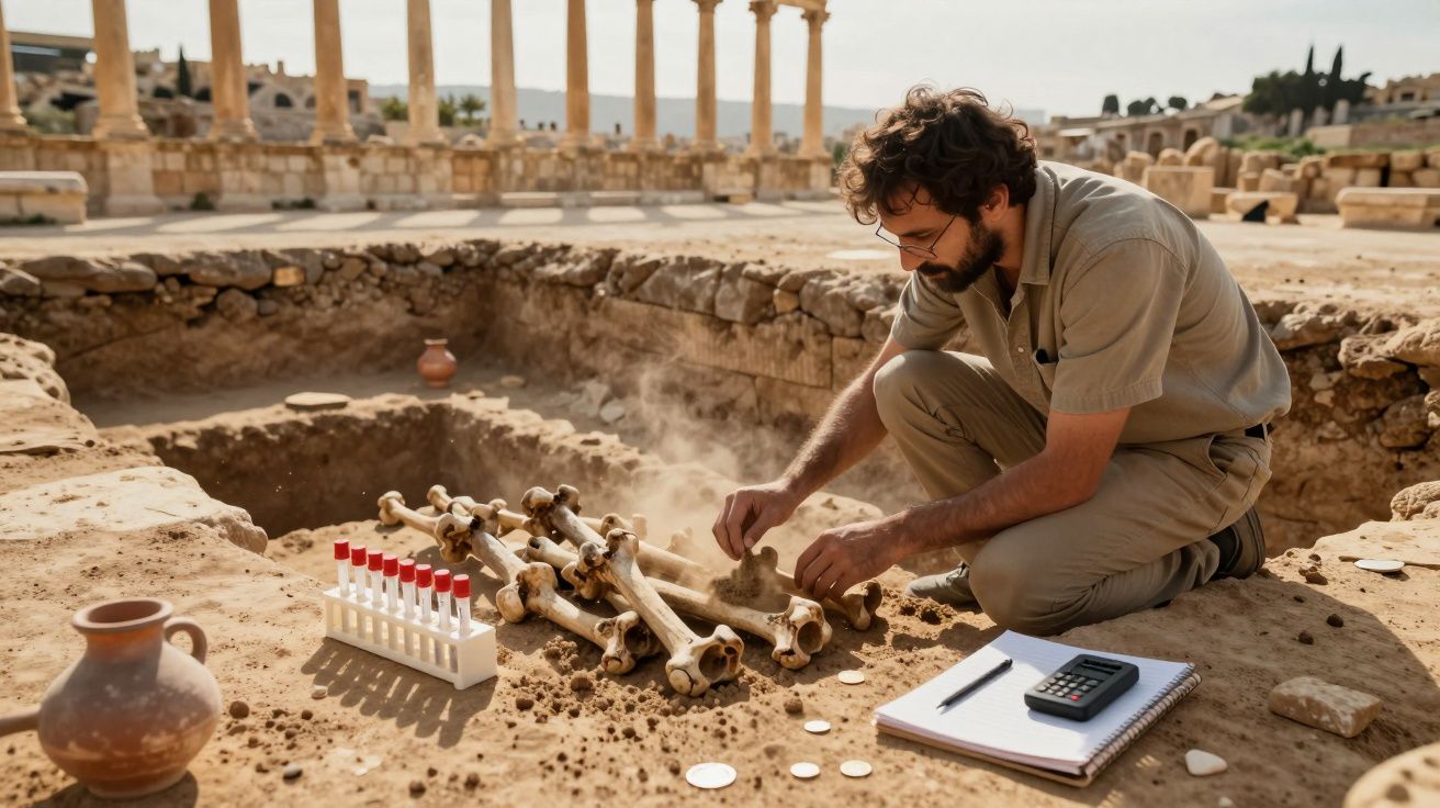 Arqueólogo em escavação analisa ossos antigos, rodeado por ruínas e ferramentas de trabalho, num cenário ensolarado.