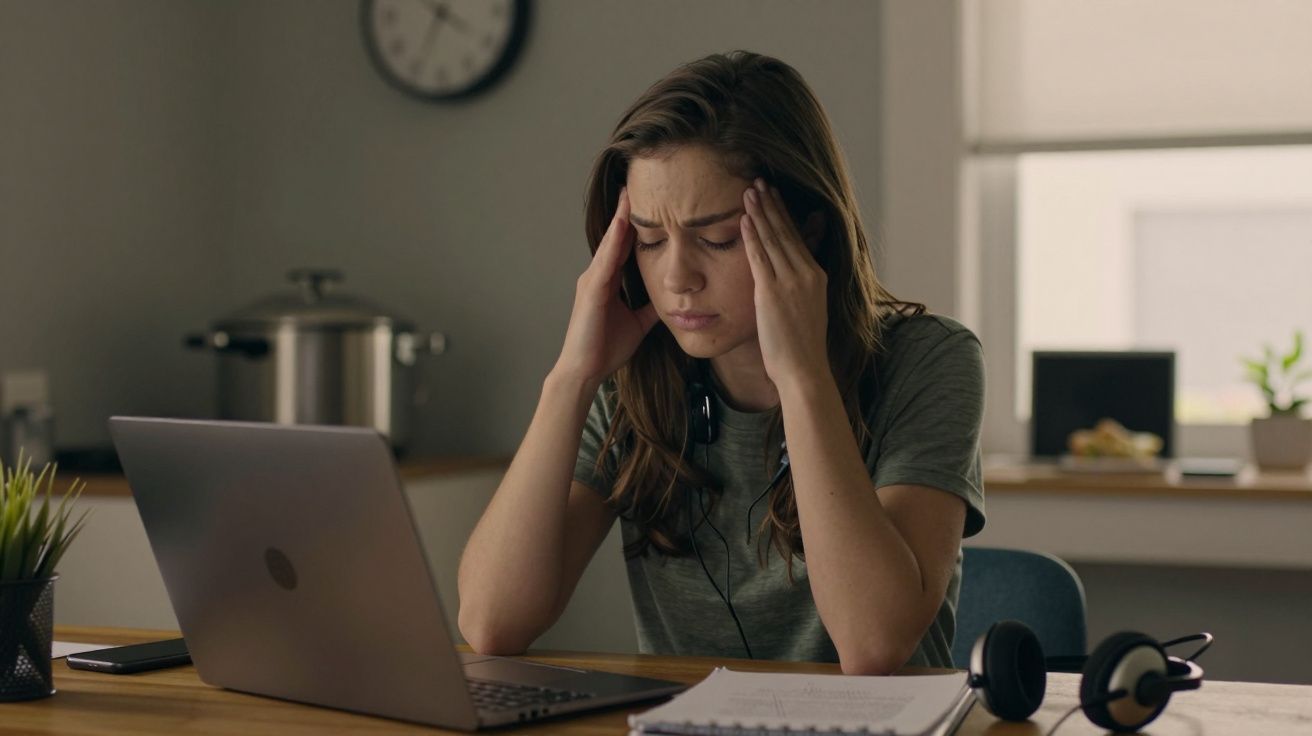 Mulher com expressão de cansaço, mãos na cabeça, em frente a um laptop numa mesa com cadernos e auscultadores.