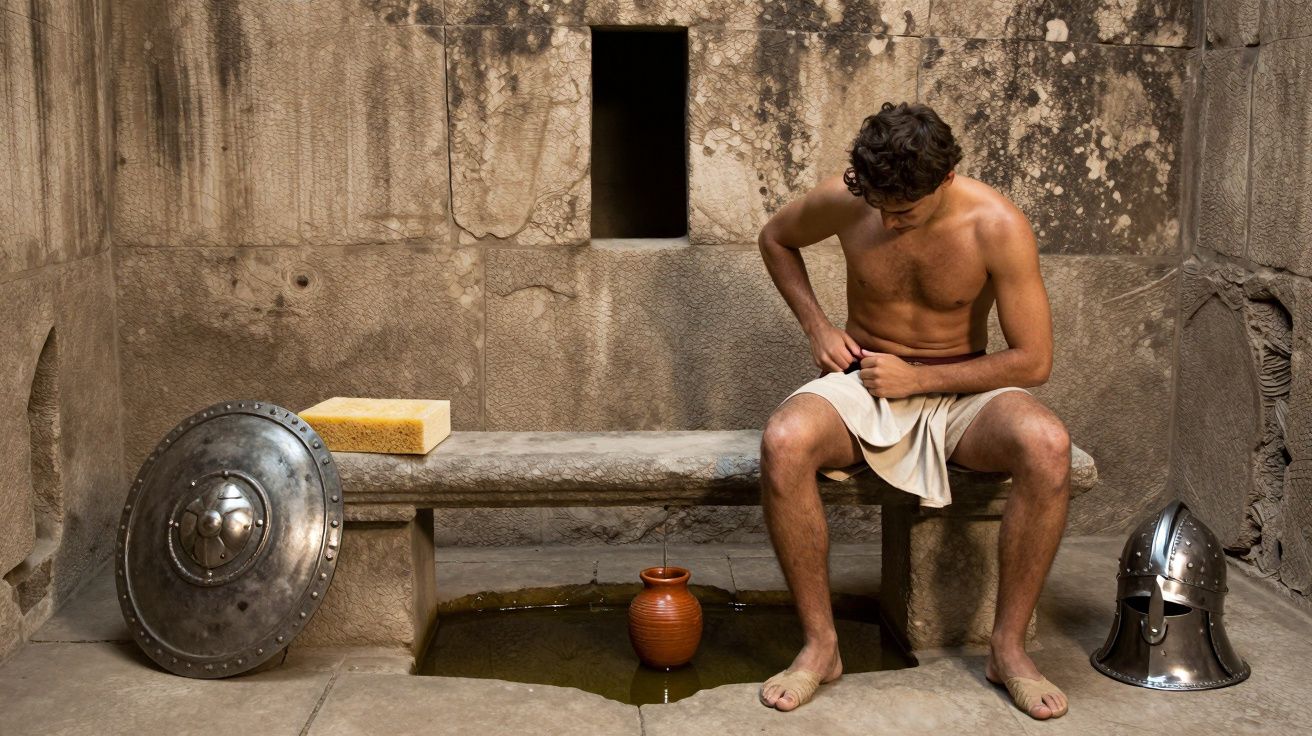 Homem com toalha em banho romano antigo, ao lado de escudo, capacete e jarro de barro.