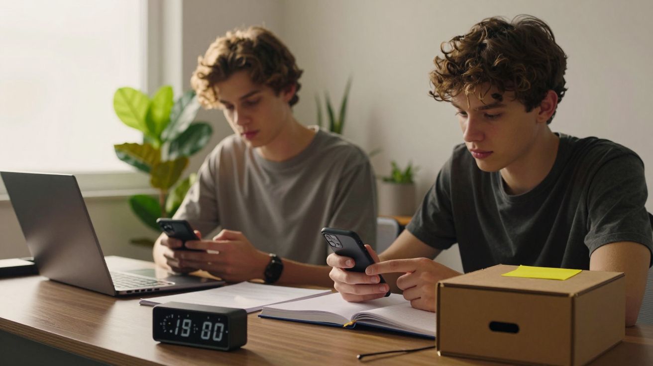 Dois jovens sentados à mesa, a usar telemóveis, com um portátil, livros e plantas ao fundo. Um relógio marca 19:00.
