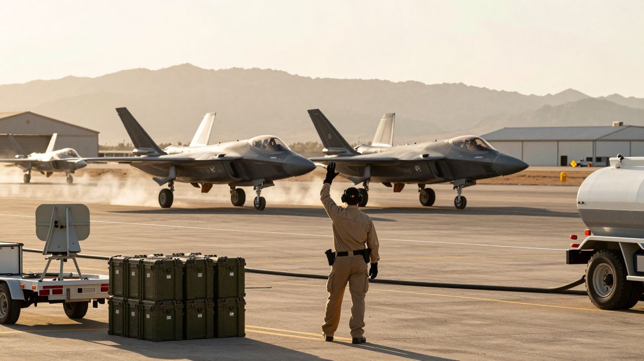 Três aviões de combate em solo, com um operador sinalizando, montanhas ao fundo.