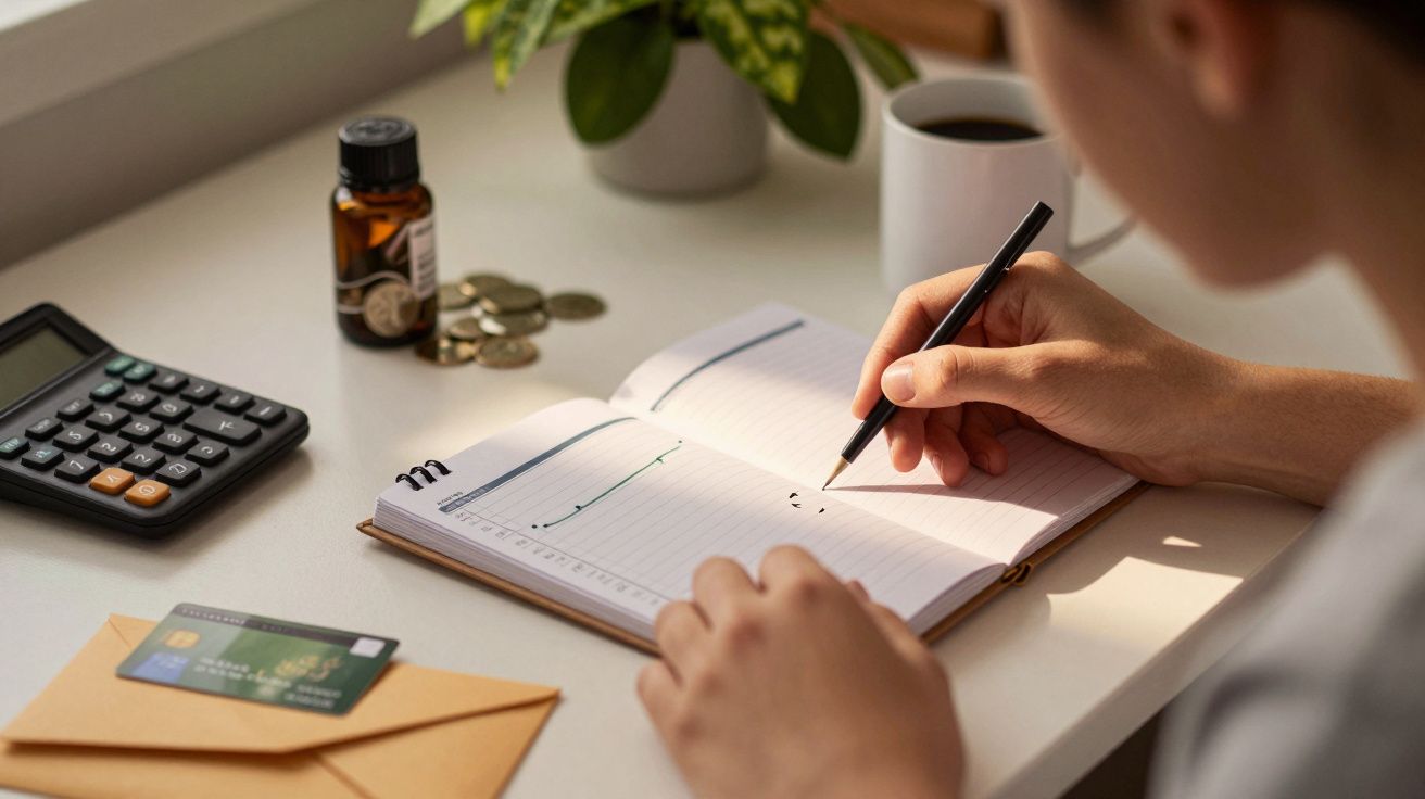 Pessoa escreve em caderno numa mesa com calculadora, moedas, cartão, envelope e chávena de café.