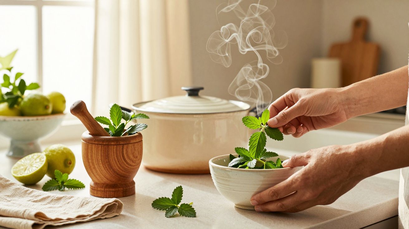 Mãos adicionam folhas de hortelã a uma tigela, ao lado de um tacho e almofariz, em cozinha bem iluminada.
