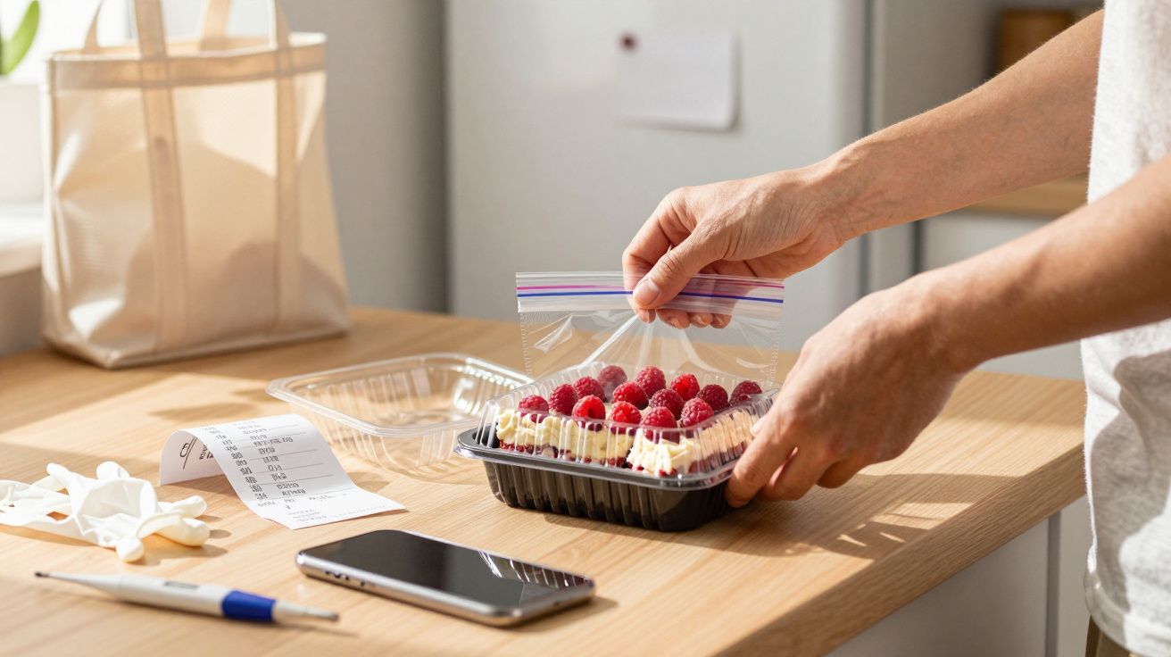 Pessoa a selar framboesas num saco. Mesa com telemóvel, papel, termómetro e bolsa ao fundo.