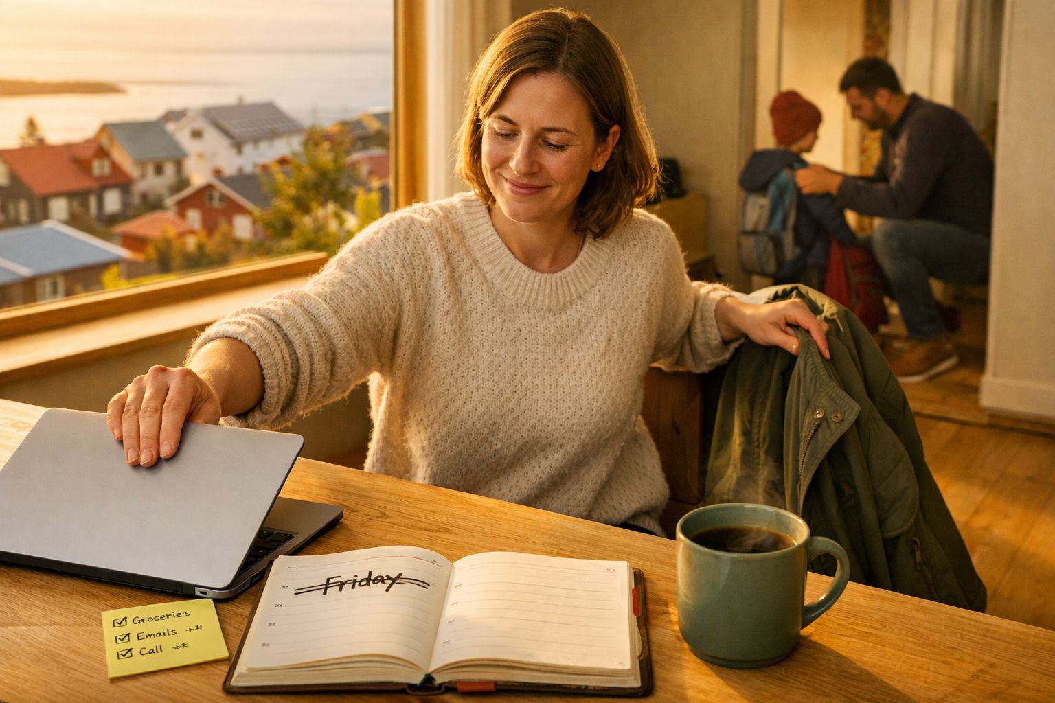 Mulher sorridente fecha portátil numa sala iluminada, com chávena de café e caderno aberto à frente.