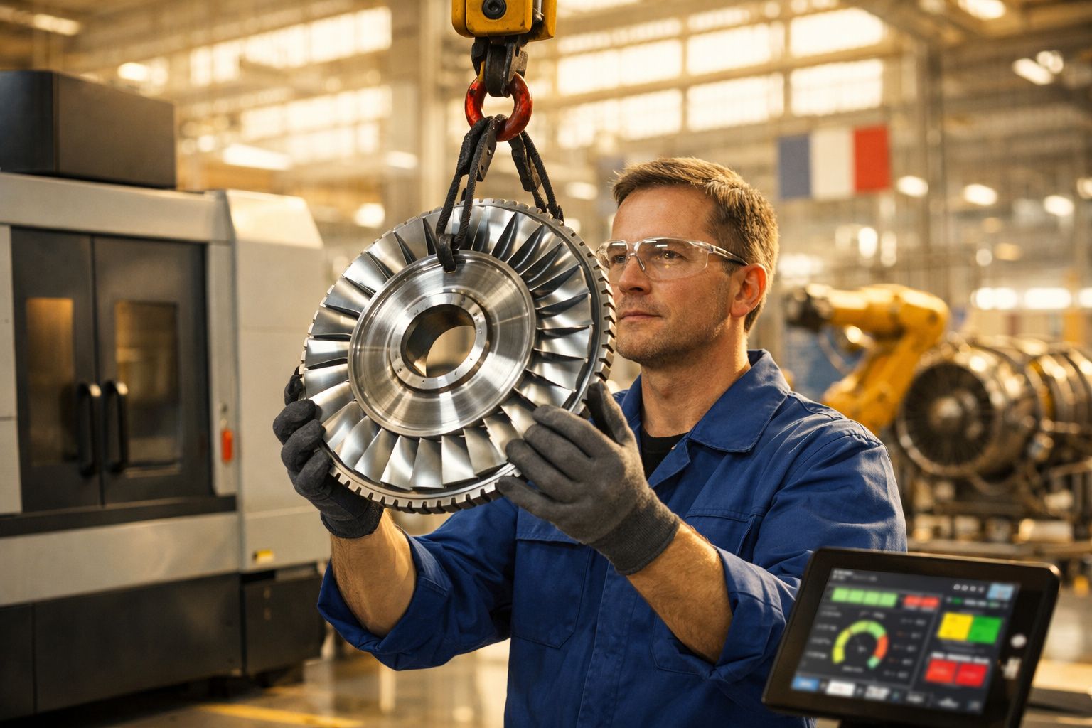 Operário com óculos de proteção inspeciona turbina metálica em fábrica, segurando-a com guindaste.