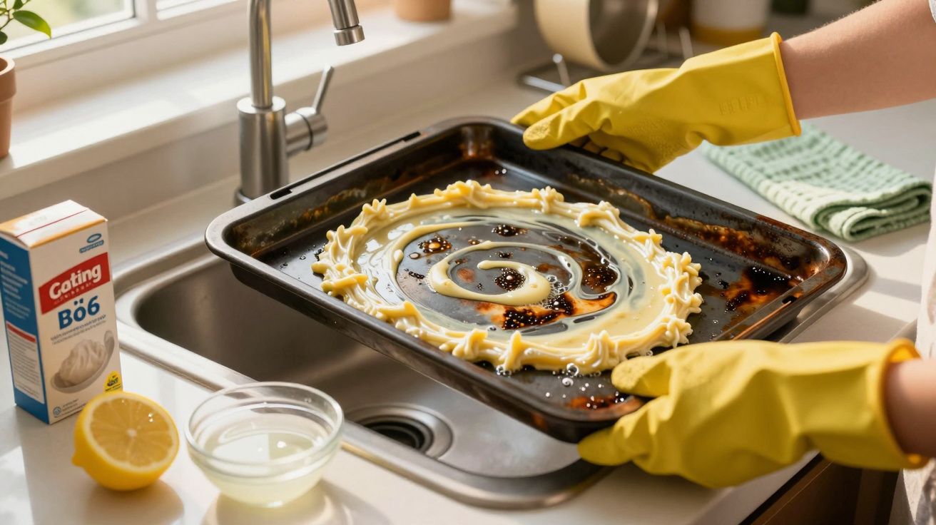 Mãos com luvas amarelas a limpar tabuleiro de forno com produto de limpeza e limão, junto a uma pia.