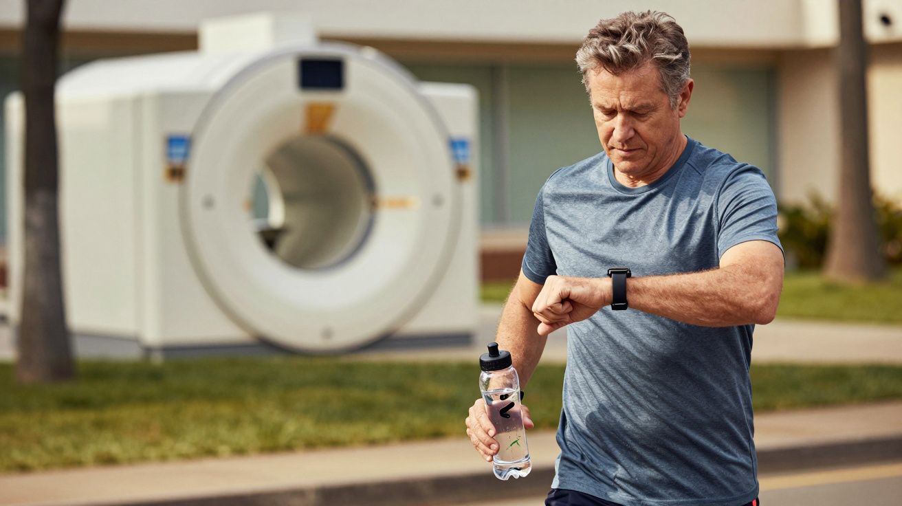 Homem a correr ao ar livre verifica o relógio, segurando uma garrafa de água, com aparelho de ressonância no fundo.