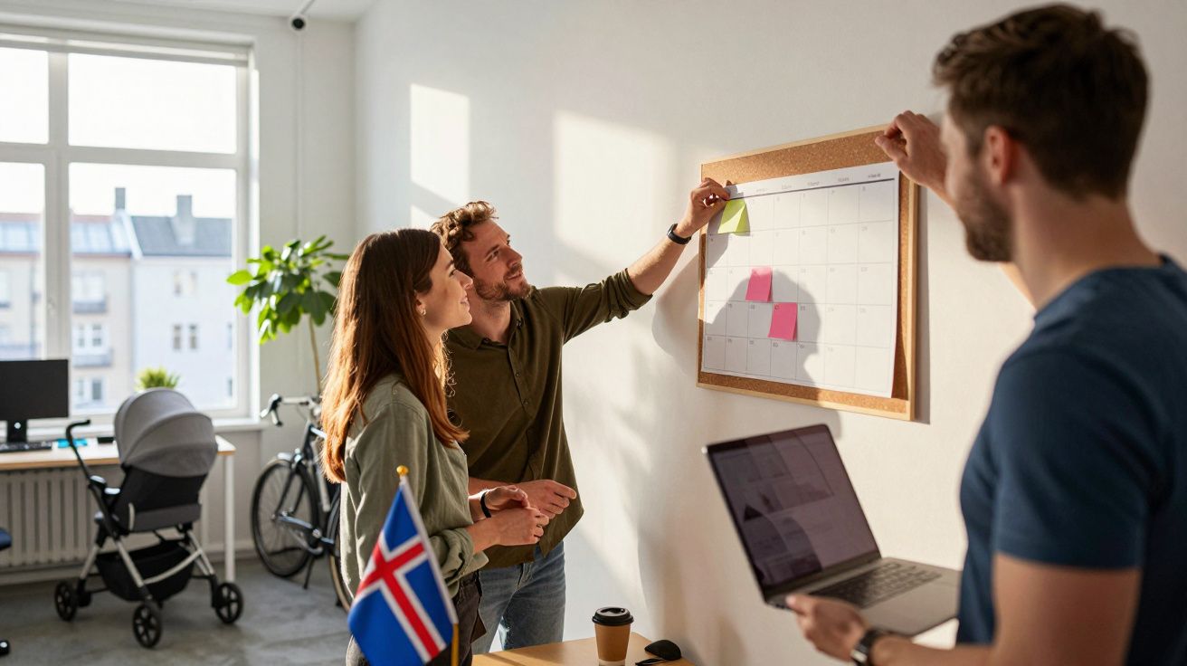 Grupo de três pessoas a planear num escritório iluminado pelo sol, com calendário na parede e portátil aberto.