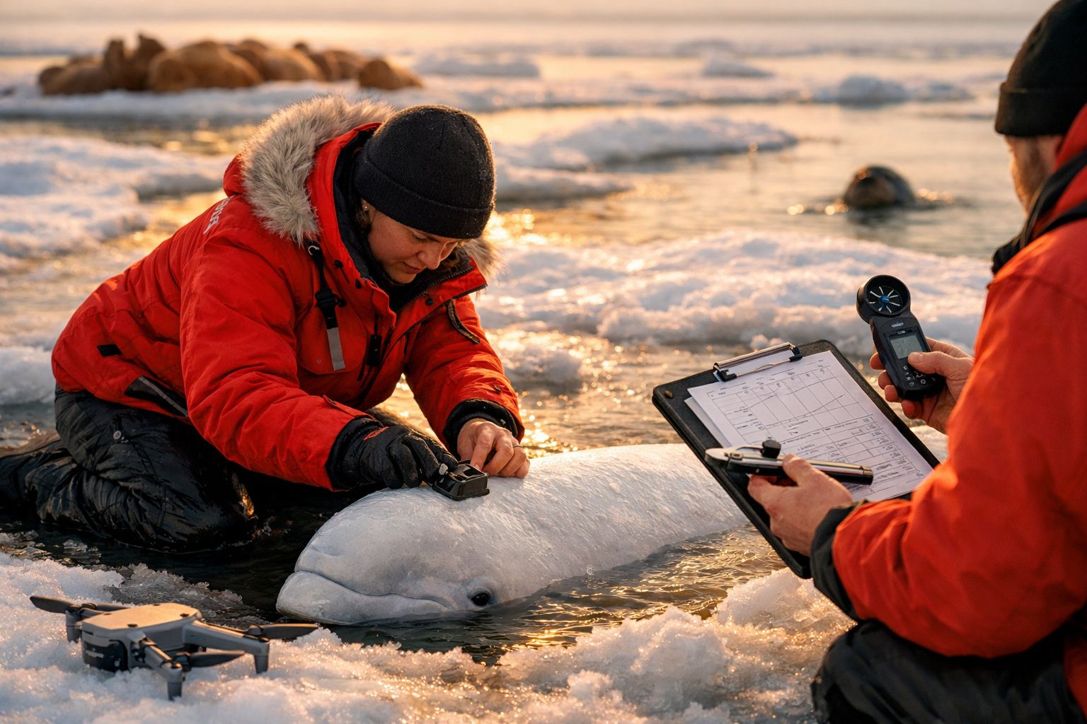 Investigadores num ambiente ártico estudam uma beluga sobre gelo, com instrumentos e clipboards ao entardecer.