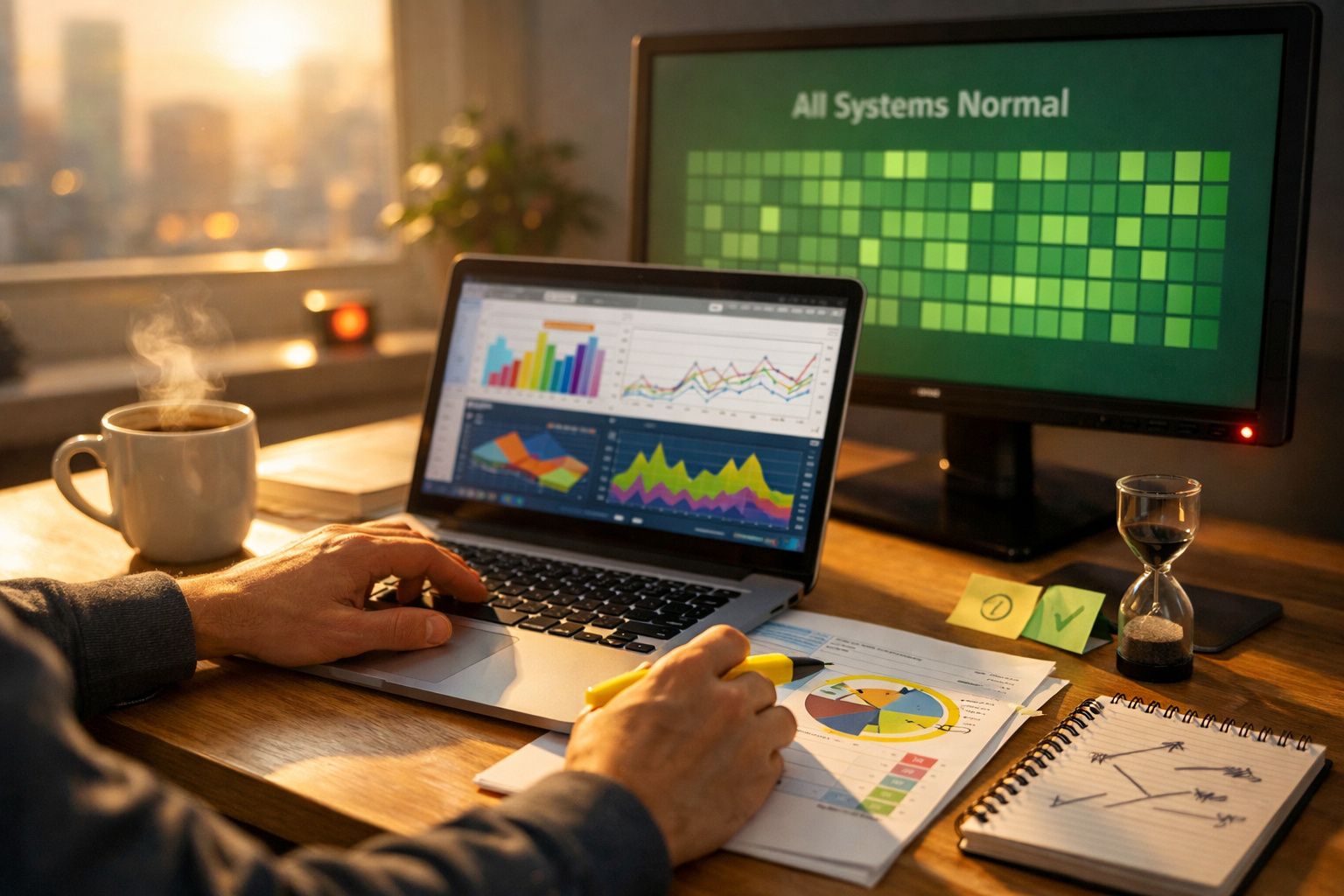 Pessoa a analisar gráficos num laptop com uma chávena de café ao lado numa secretária. Tela mostra "All Systems Normal".