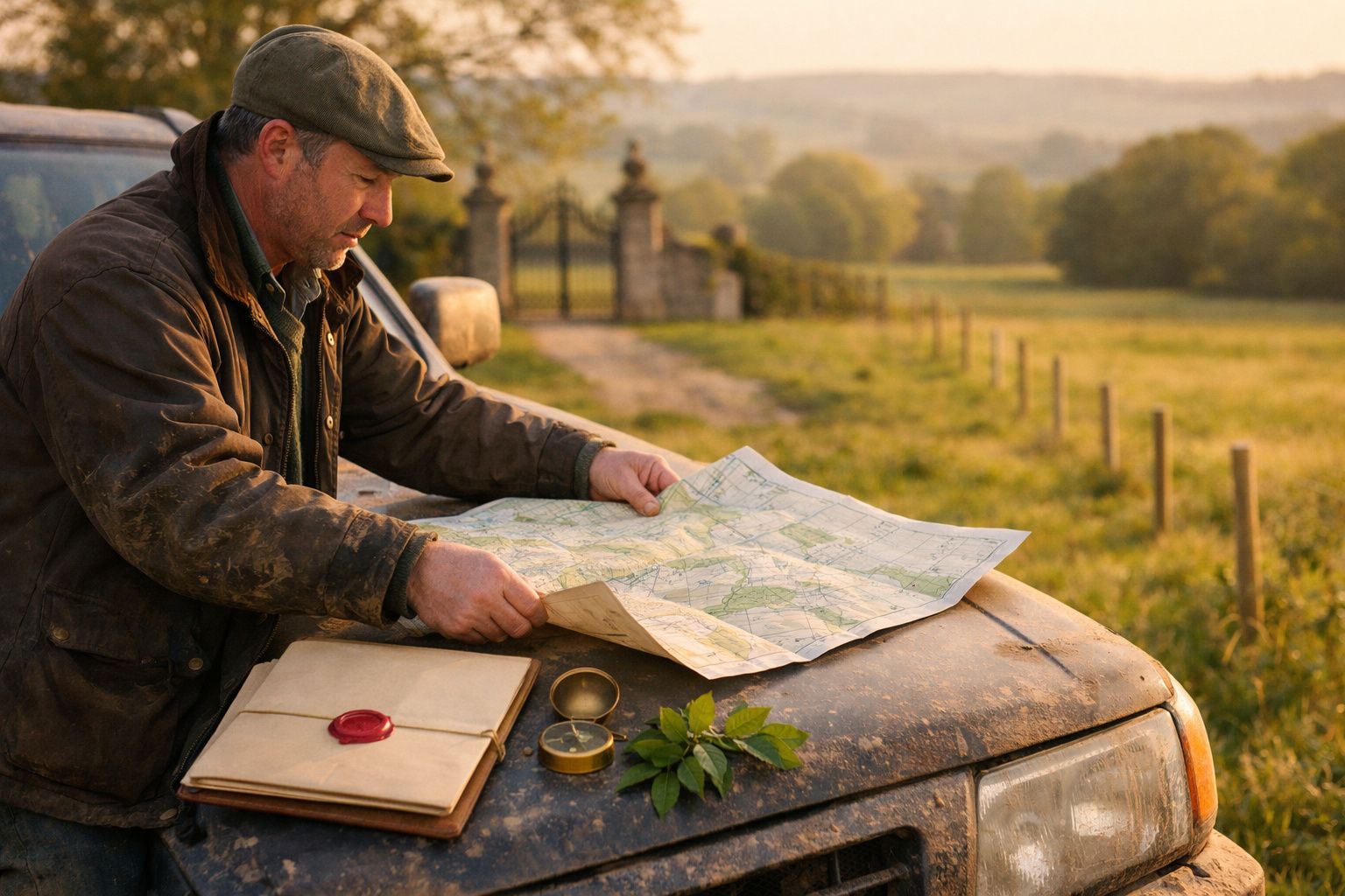 Homem de chapéu consulta mapa sobre capô de carro em cenário rural ao pôr do sol.