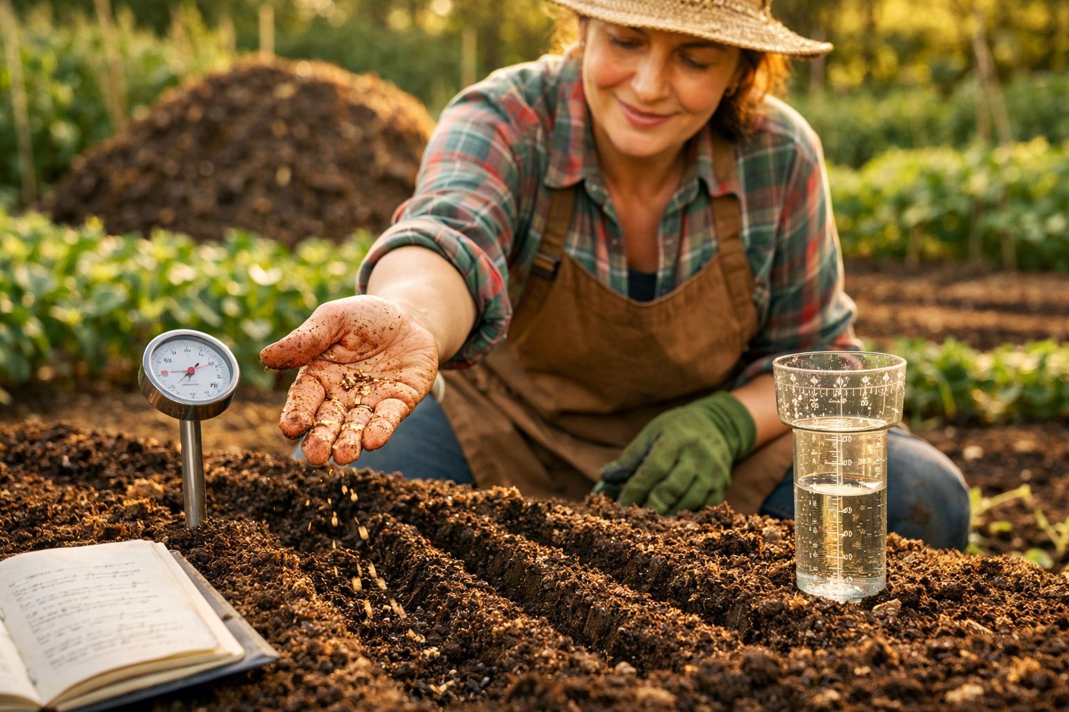 Mulher a testar o solo do jardim com um termómetro de solo e água num copo.