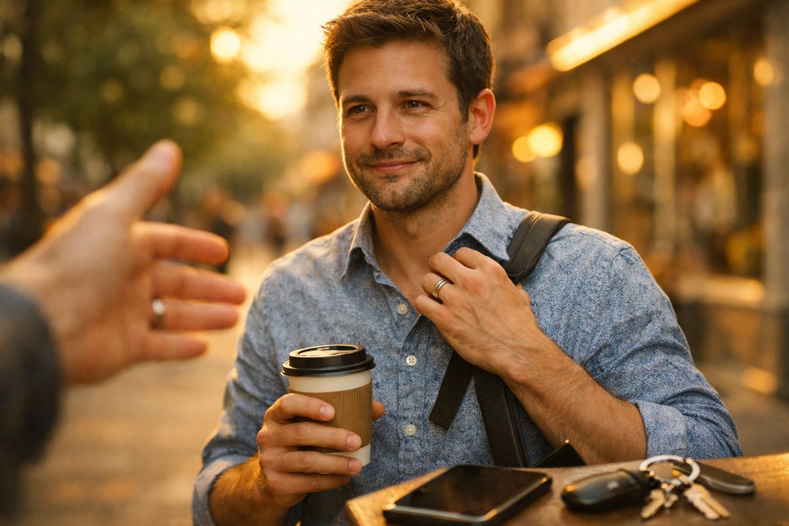 Homem sorridente num café ao ar livre, segurando uma chávena de café e com uma mochila ao ombro.