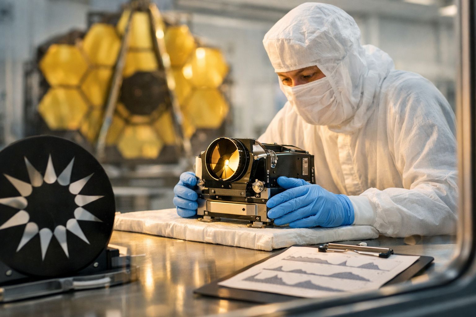 Cientista em sala limpa analisa equipamento óptico em laboratório, usando roupa de proteção branca e luvas azuis.