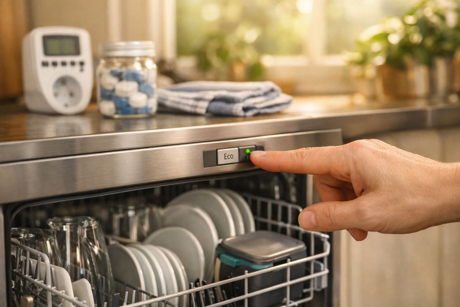 Mão a pressionar botão "Eco" numa máquina de lavar louça com pratos e copos, num ambiente de cozinha.