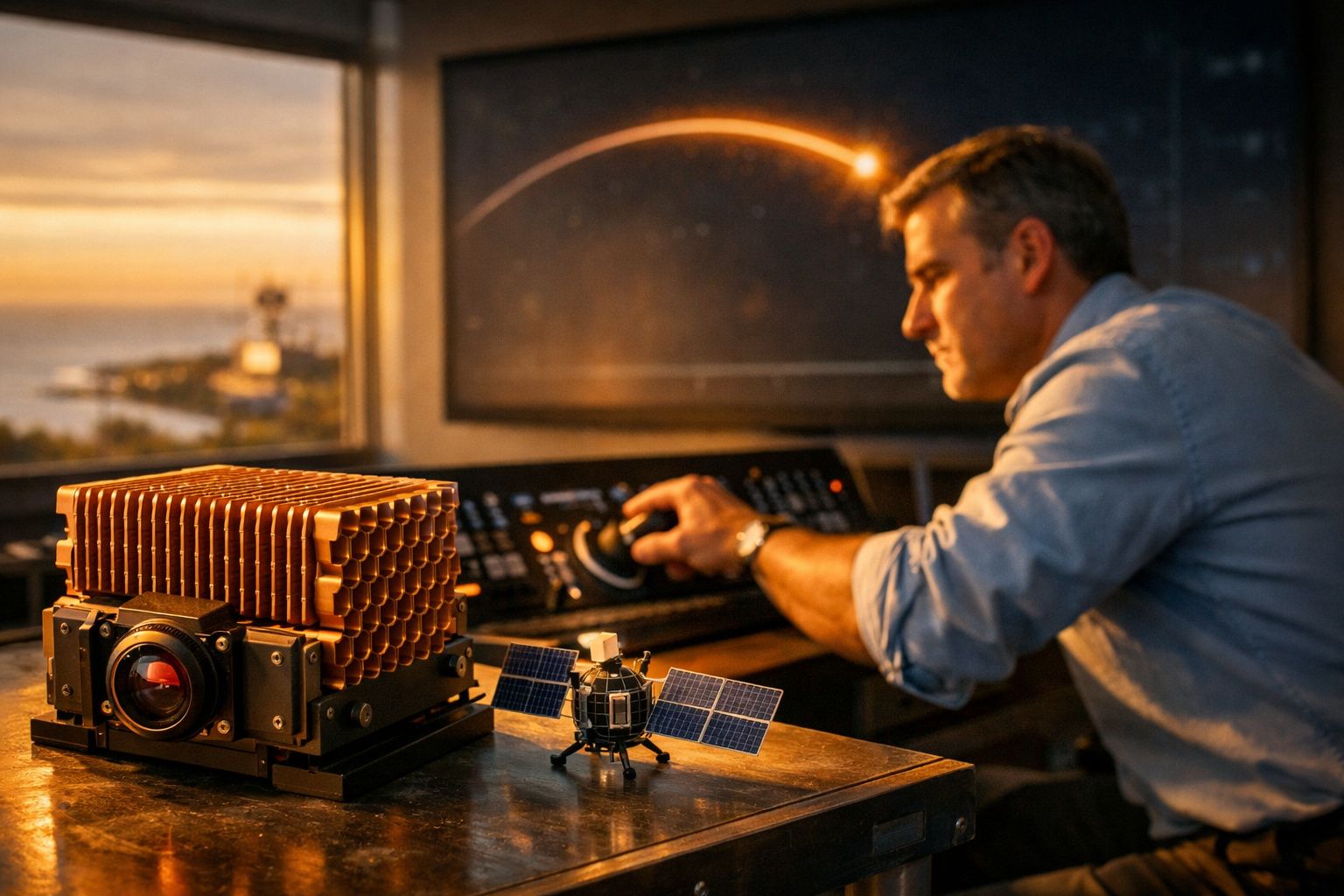 Homem a operar um painel de controle, com miniatura de satélite e equipamento tecnológico, ao pôr-do-sol.