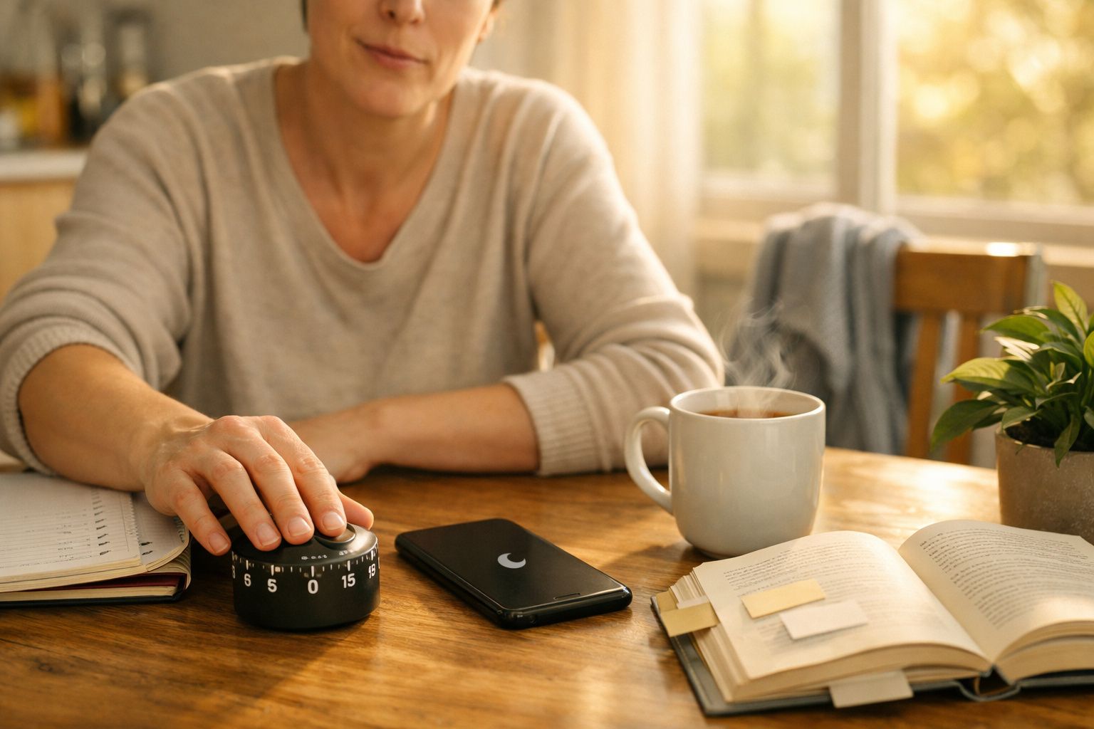 Mulher ajusta um temporizador ao lado de um café fumegante, telemóvel e livro aberto na mesa de madeira.