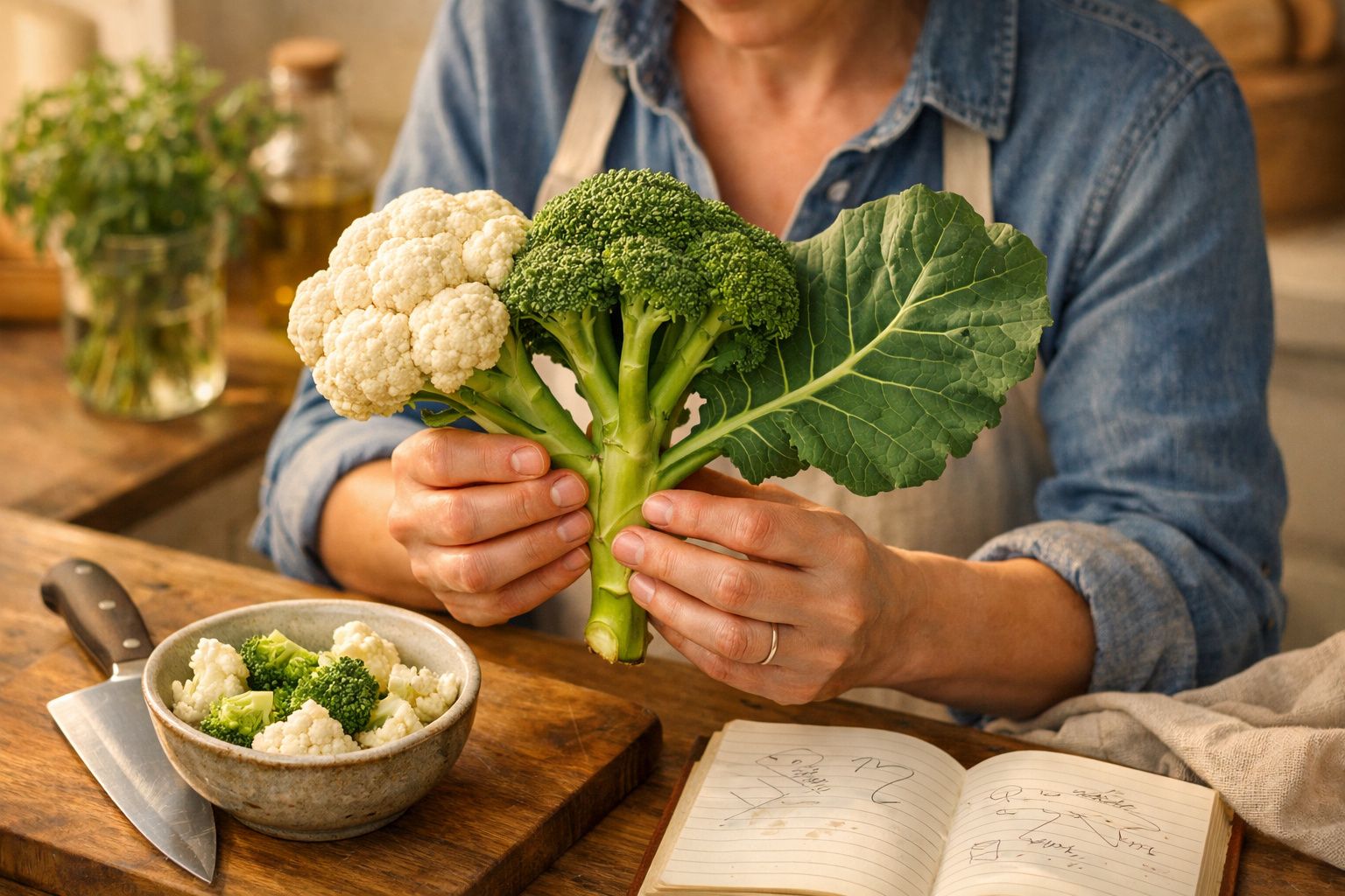 Mãos seguram uma couve-flor sobre uma mesa, ao lado de brócolos, sementes e um caderno com lápis.