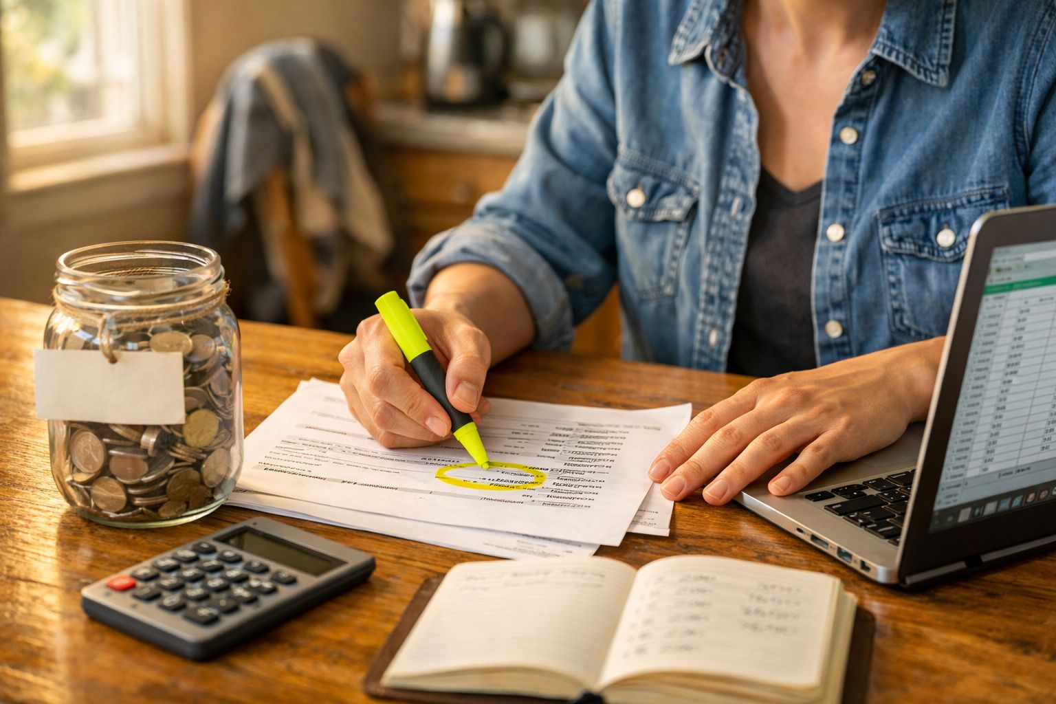 Pessoa escreve num bloco de notas, ao lado de uma calculadora e chávena, numa mesa de madeira na cozinha.