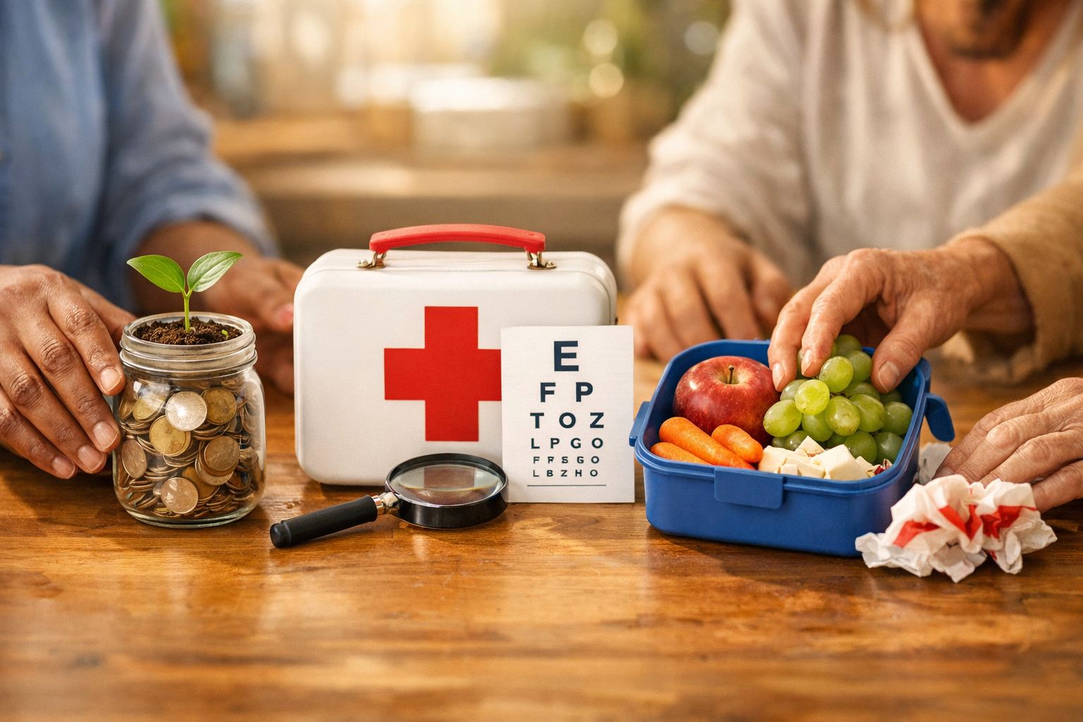 Mulher com saco de compras saudáveis sentada com criança segurando peluche, médica ao fundo com um quadro de frutas.