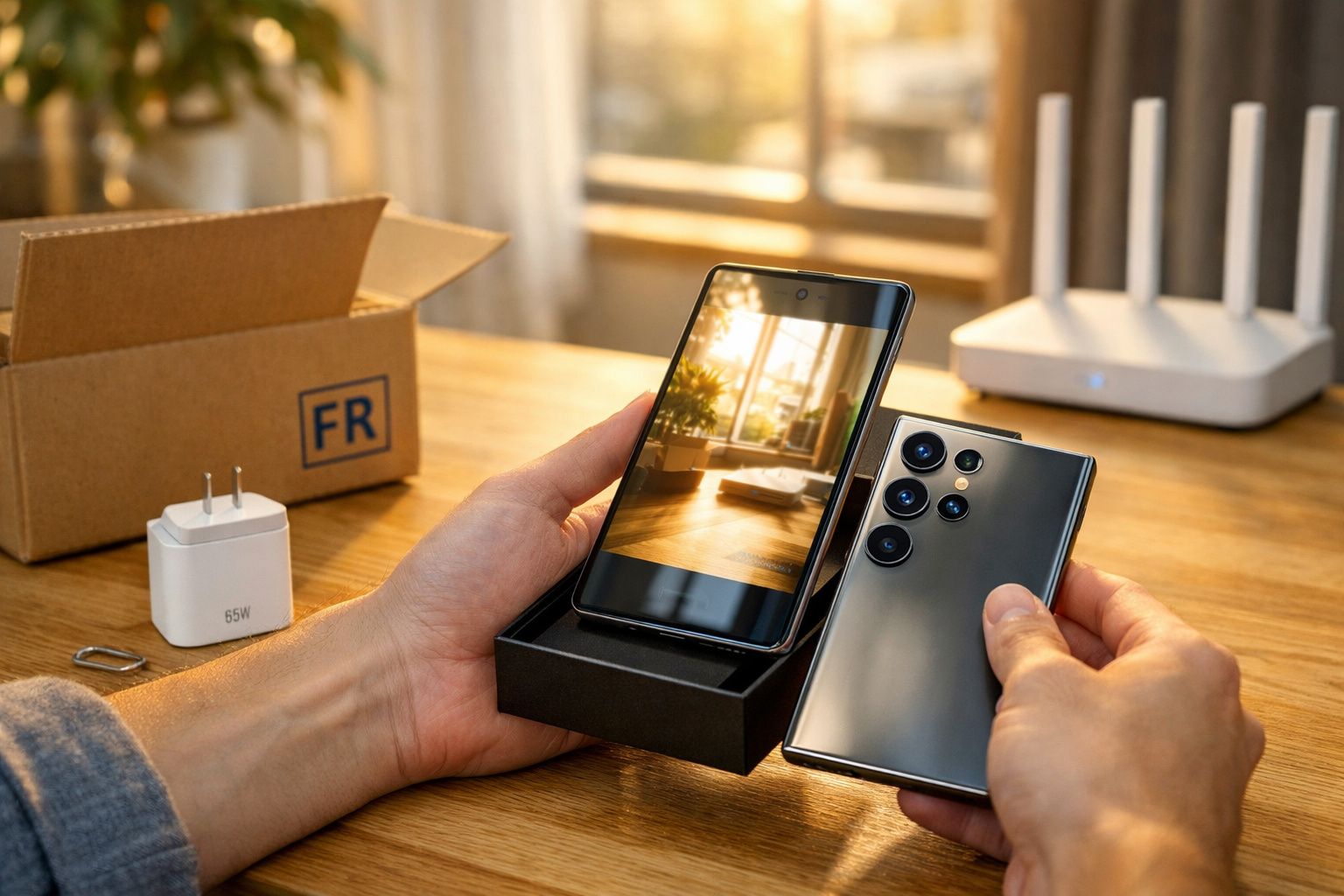 Pessoa a desembrulhar um smartphone novo em cima de uma mesa com carregador e caixa de cartão ao lado.