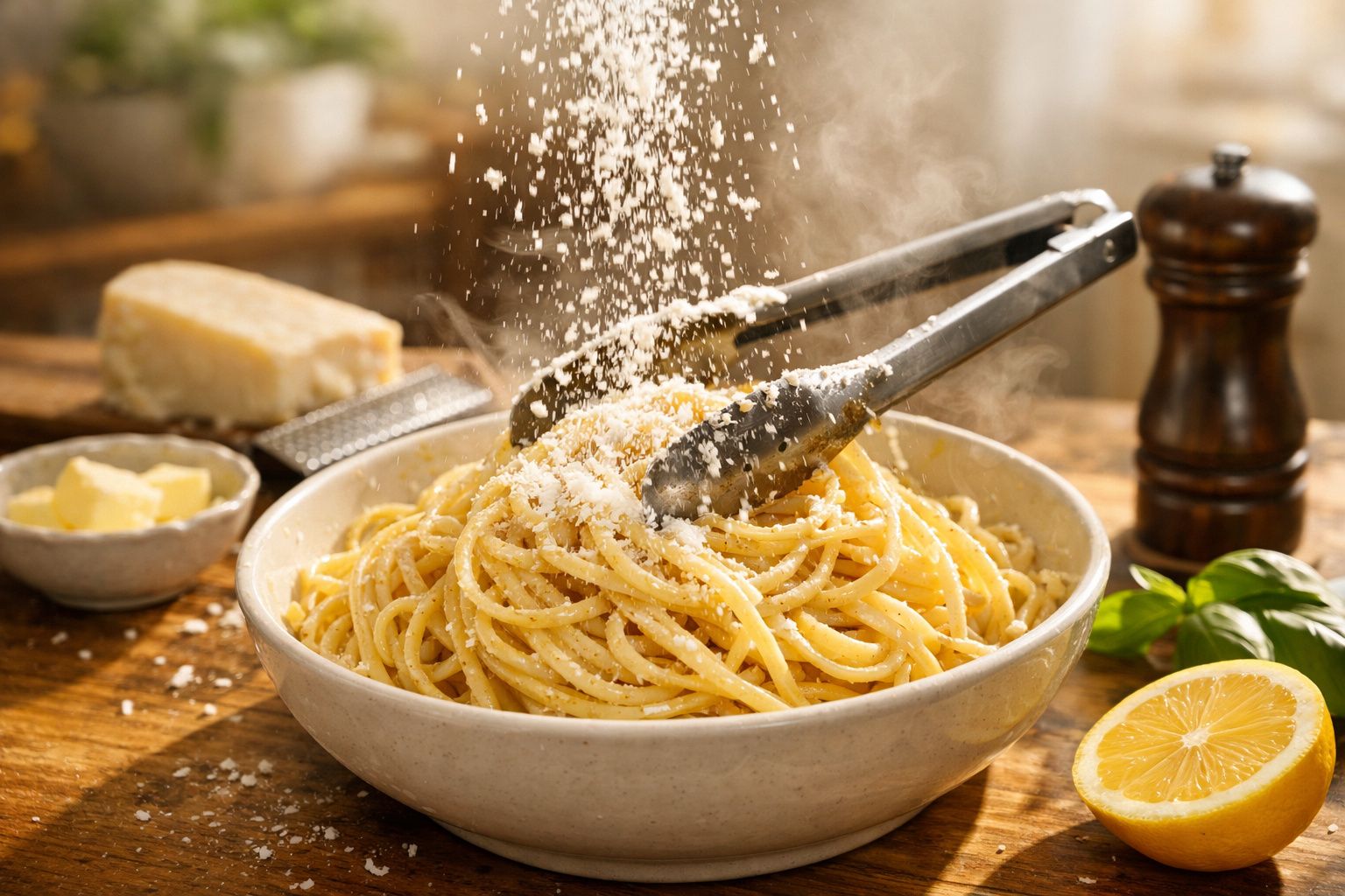 Pessoa a enrolar esparguete com garfo, sobre um prato, na mesa de cozinha com queijo e ralador ao lado.