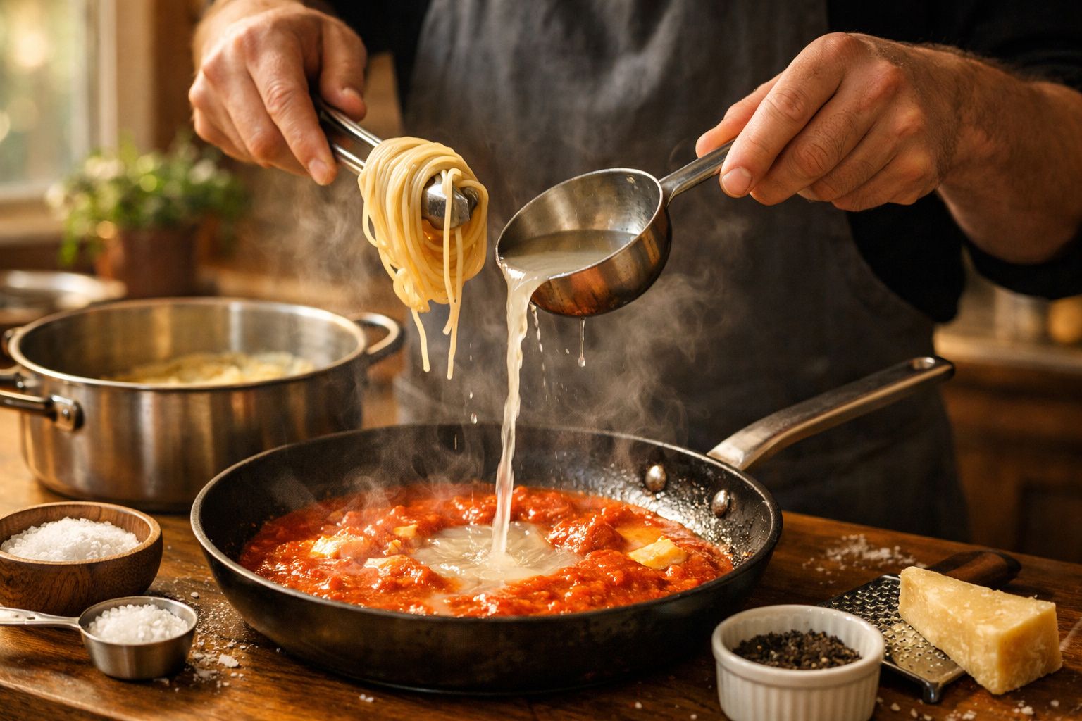 Mão vertendo molho de tomate sobre esparguete numa frigideira, numa cozinha bem iluminada.