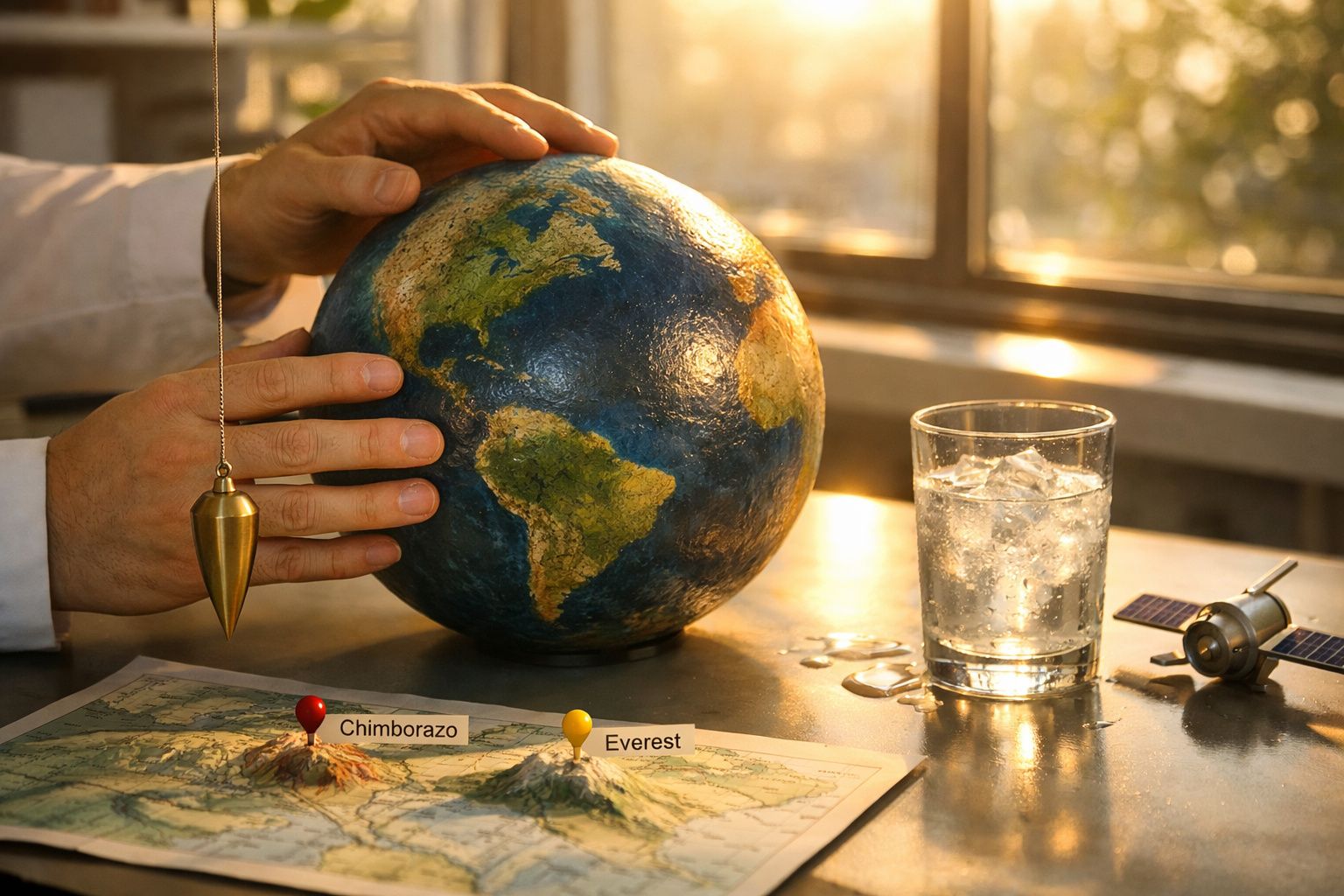 Pessoa segura um satélite pequeno sobre um globo terrestre em cima de uma mesa, com mapas e um computador ao fundo.