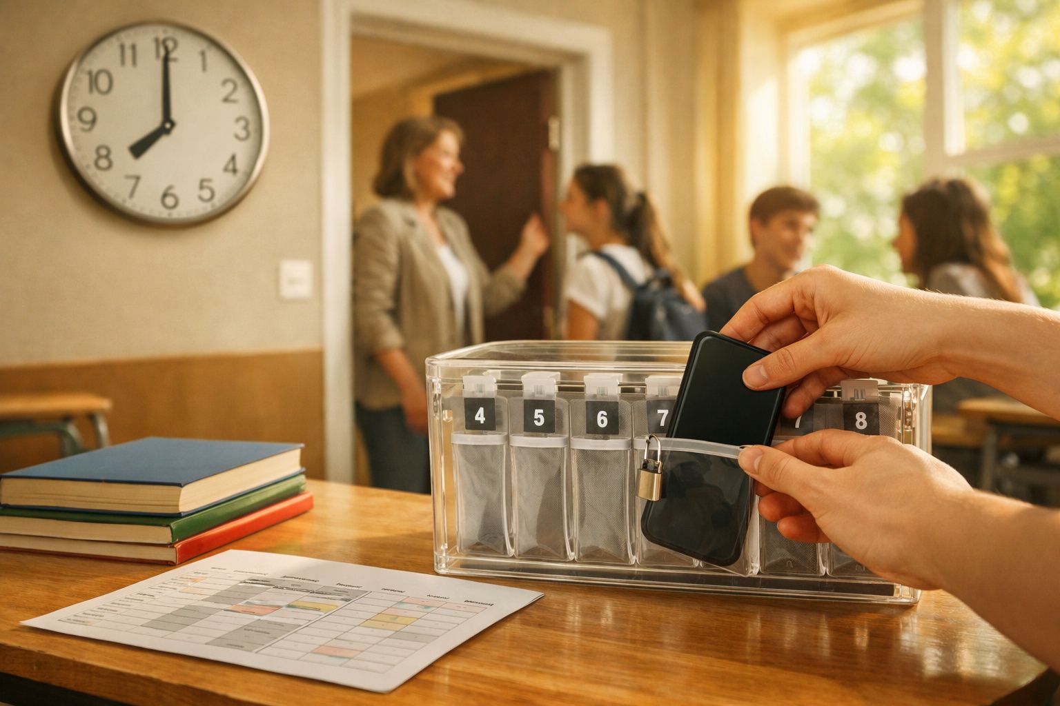 Estudante entrega telemóvel a adulto numa escola. Na mesa há caixas plásticas, mochila e folhas. Alunos ao fundo.