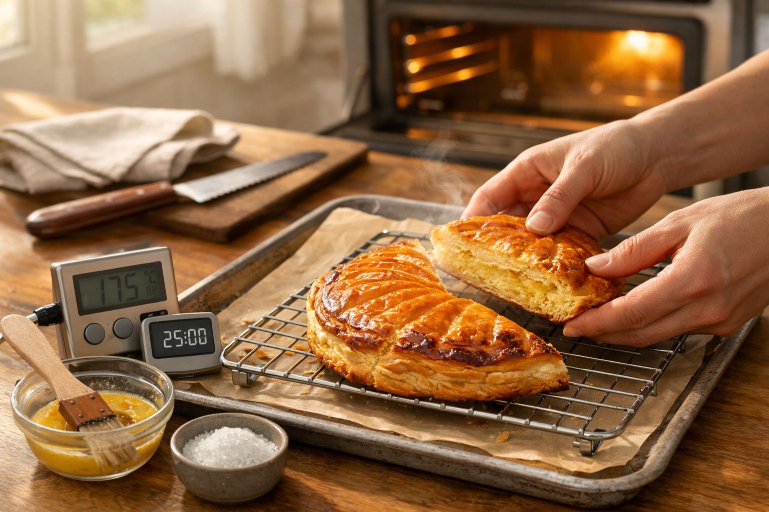 Pessoa a segurar tarte quadrada folhada fresca numa cozinha, com outra tarte e fatia ao lado.