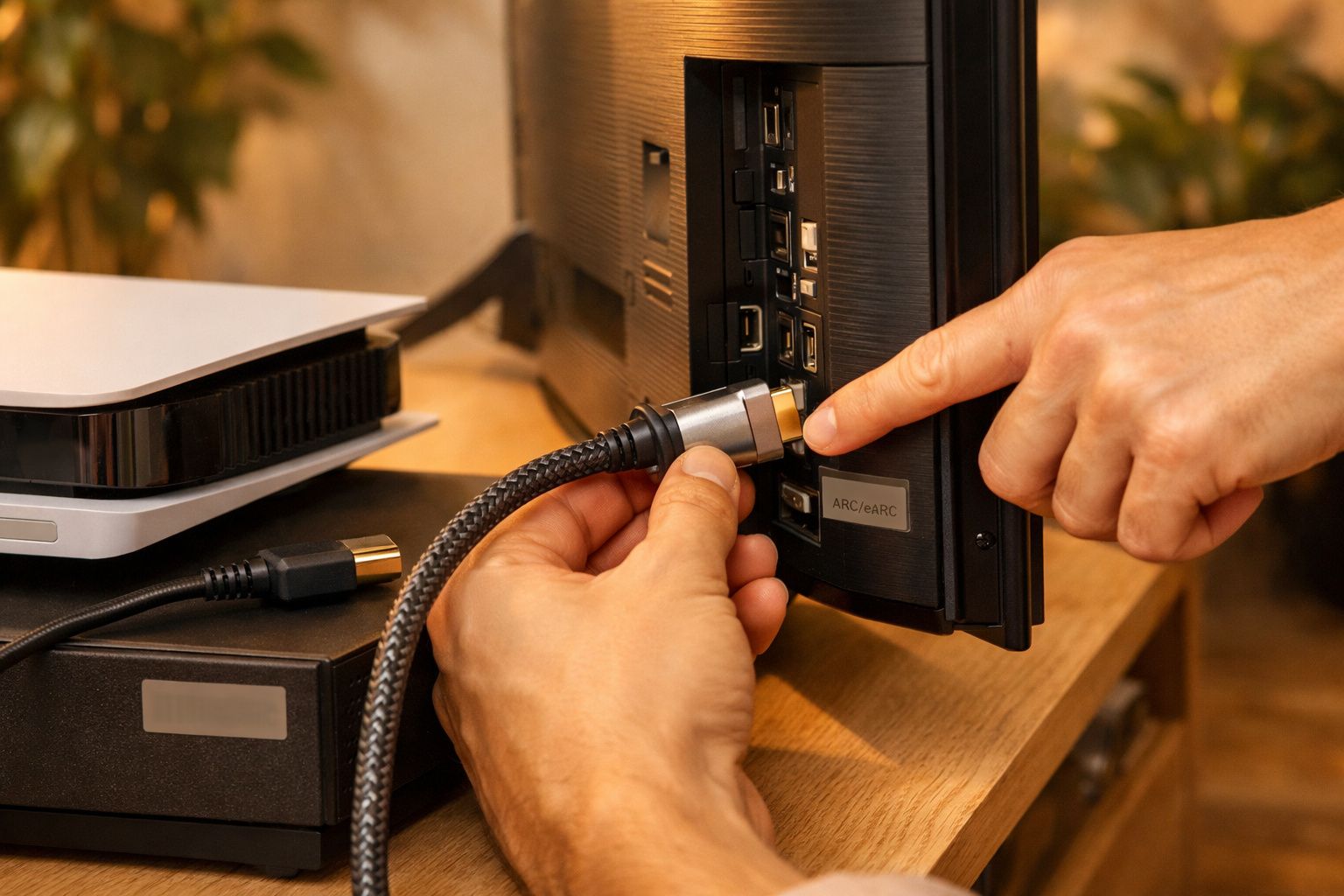 Homem segura comando remoto em frente a uma televisão moderna, com dispositivo multimédia ligado num móvel de madeira.