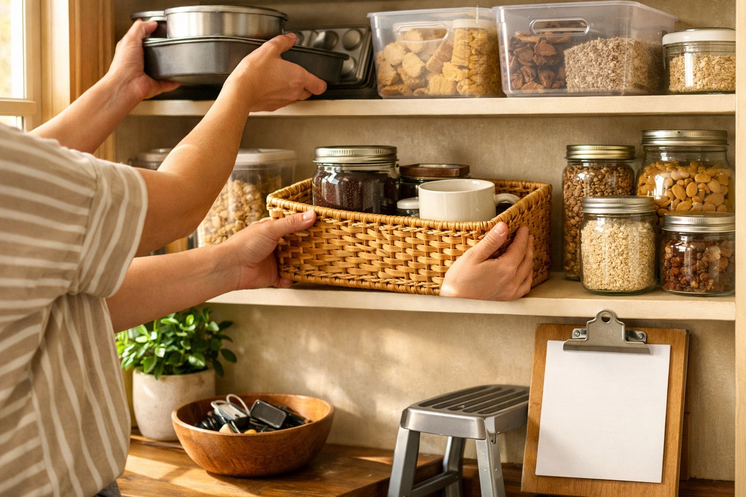 Mão retirando caneta de uma gaveta aberta, com prateleira acima contendo livros, caderno, vela e carteira.