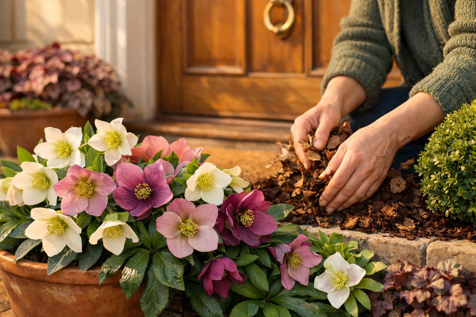 Vaso de flores coloridas à entrada de uma porta de madeira, rodeado por arbustos em vasos.