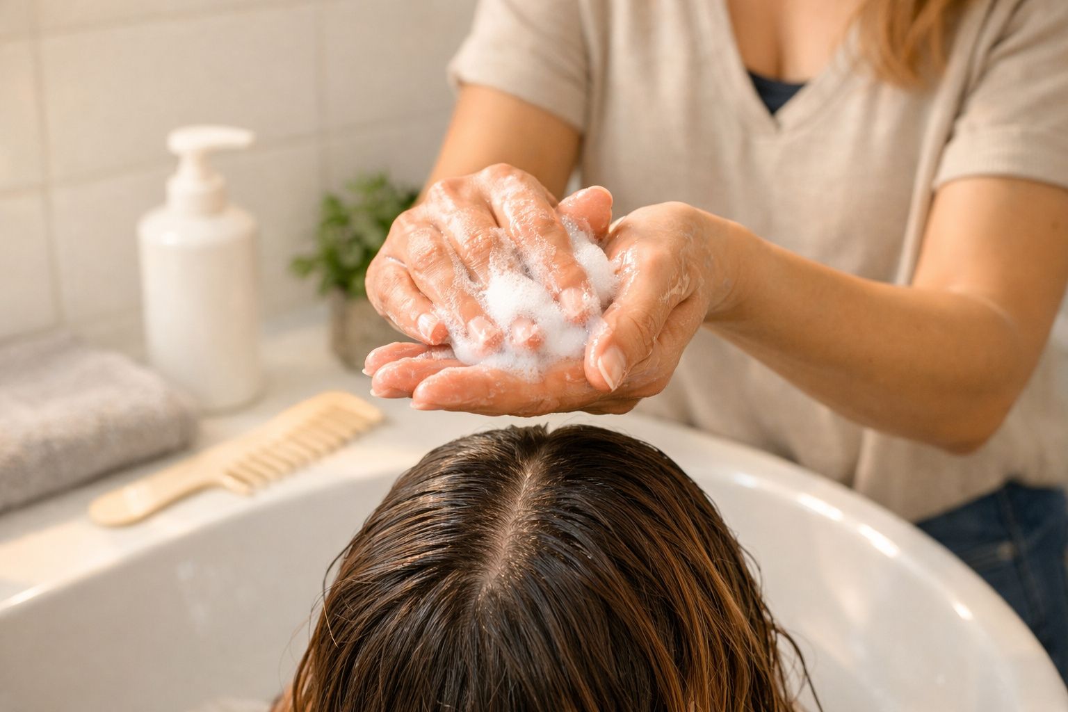 Persoană spălând părul unui copil la chiuvetă, cu mâini pline de spumă.